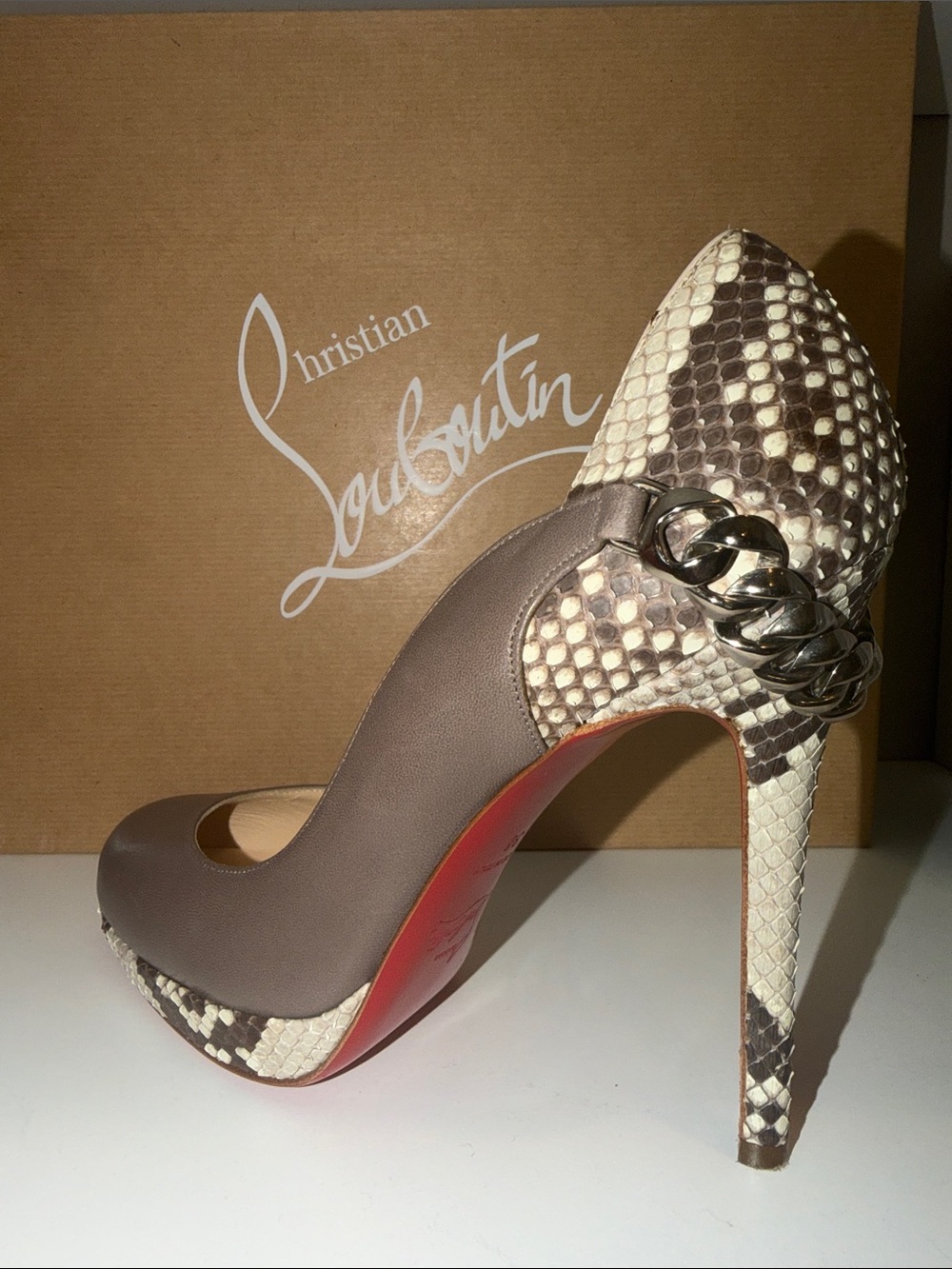 Christian Louboutin Taupe & Ivory Python Chain-Accent Pump
